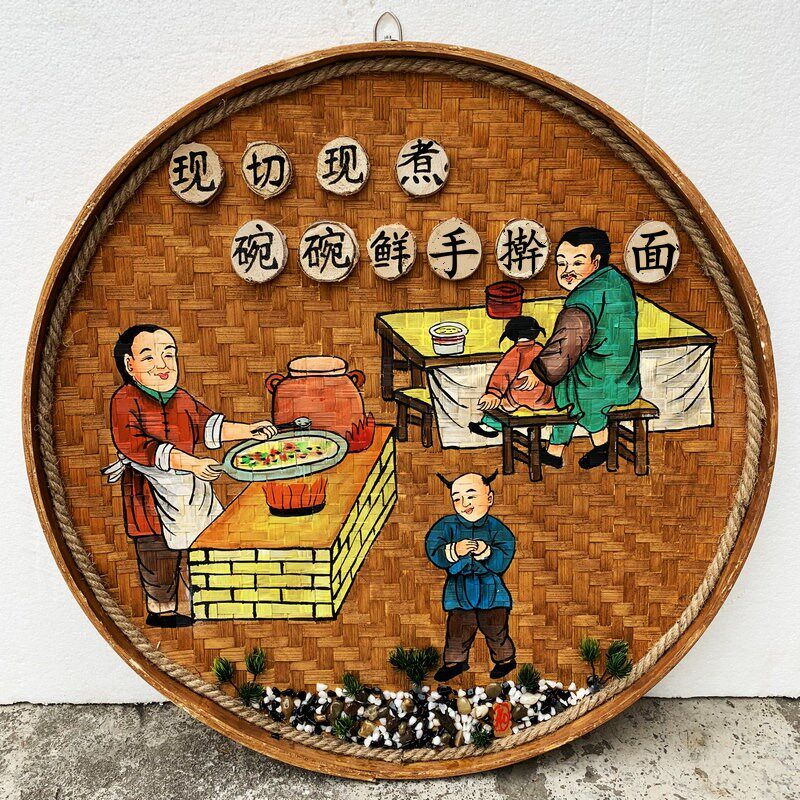 复古手绘竹编画面馆米粉店餐厅饭店农庄墙壁墙面装饰圆形竹编挂画