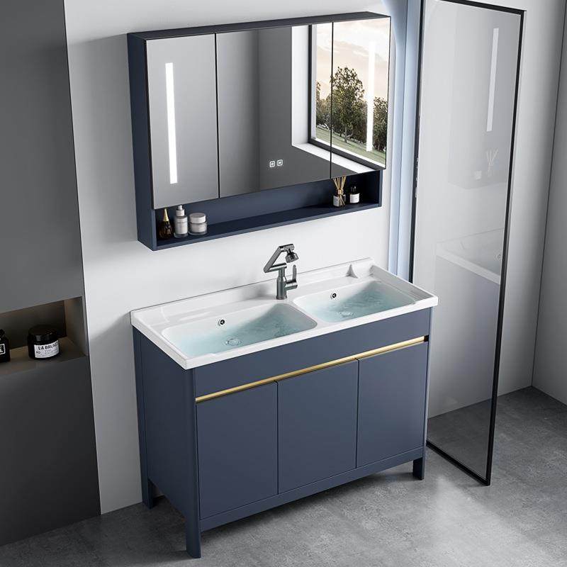 太空铝浴室柜组合洗漱台池陶瓷一体双盆轻奢洗漱台池卫生间落地式