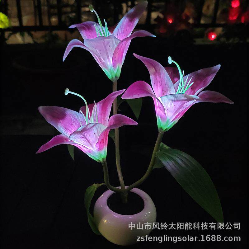 led百合花灯紫色3头百合花盆灯led室内景观装饰台灯 电池款小夜灯