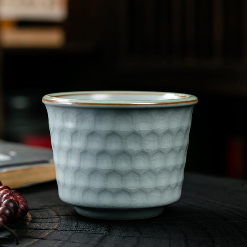 汝窑哥窑功夫小茶杯陶瓷花瓣品茗杯茶盏品茗杯开片可养汝瓷主人杯