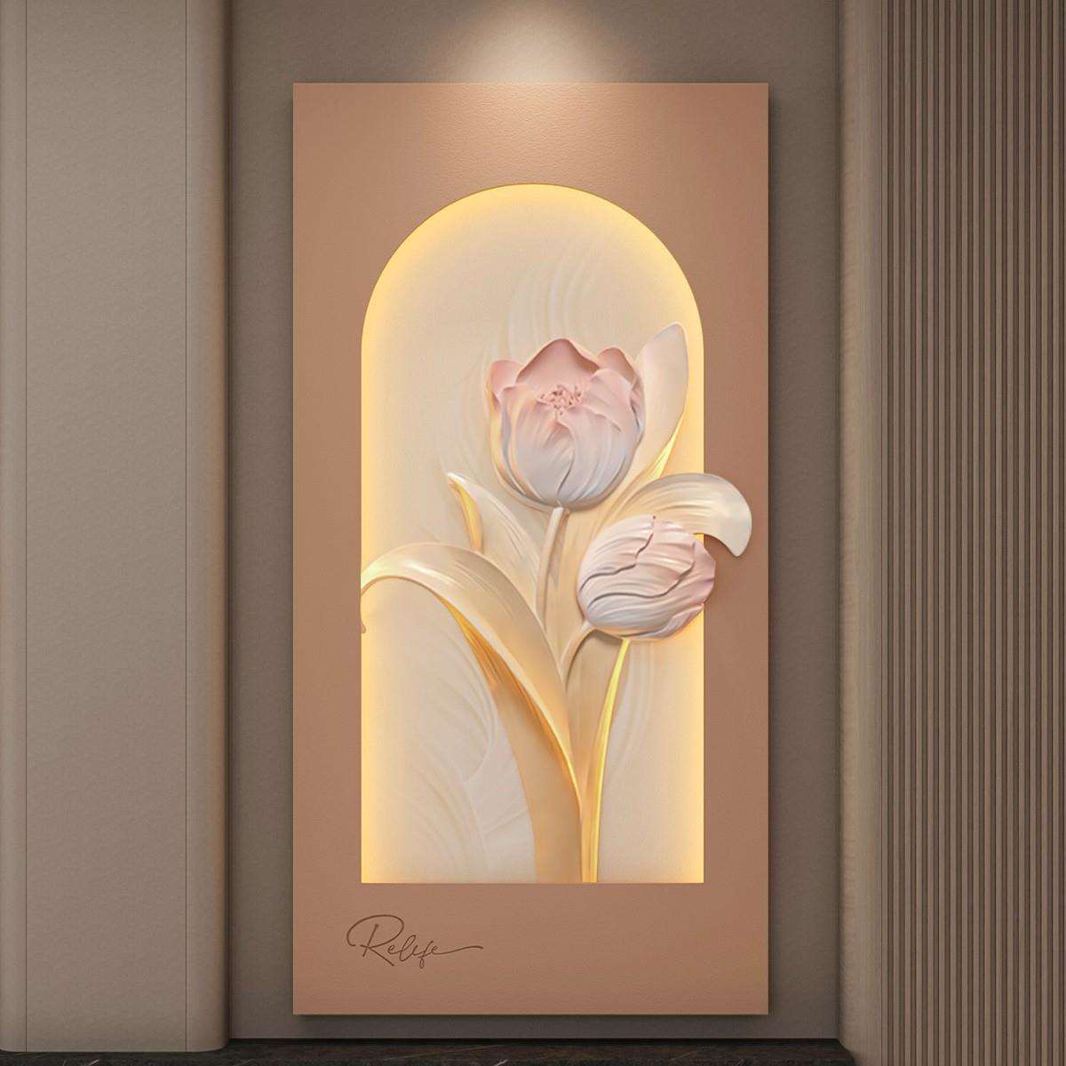 奶油风郁金香3D立体浮雕家用家居高端走廊过道进门玄关灯光装饰画