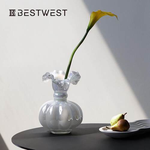 Best west 珠光白芬顿法式荷边玻璃花瓶摆件高级家居客厅轻奢花器