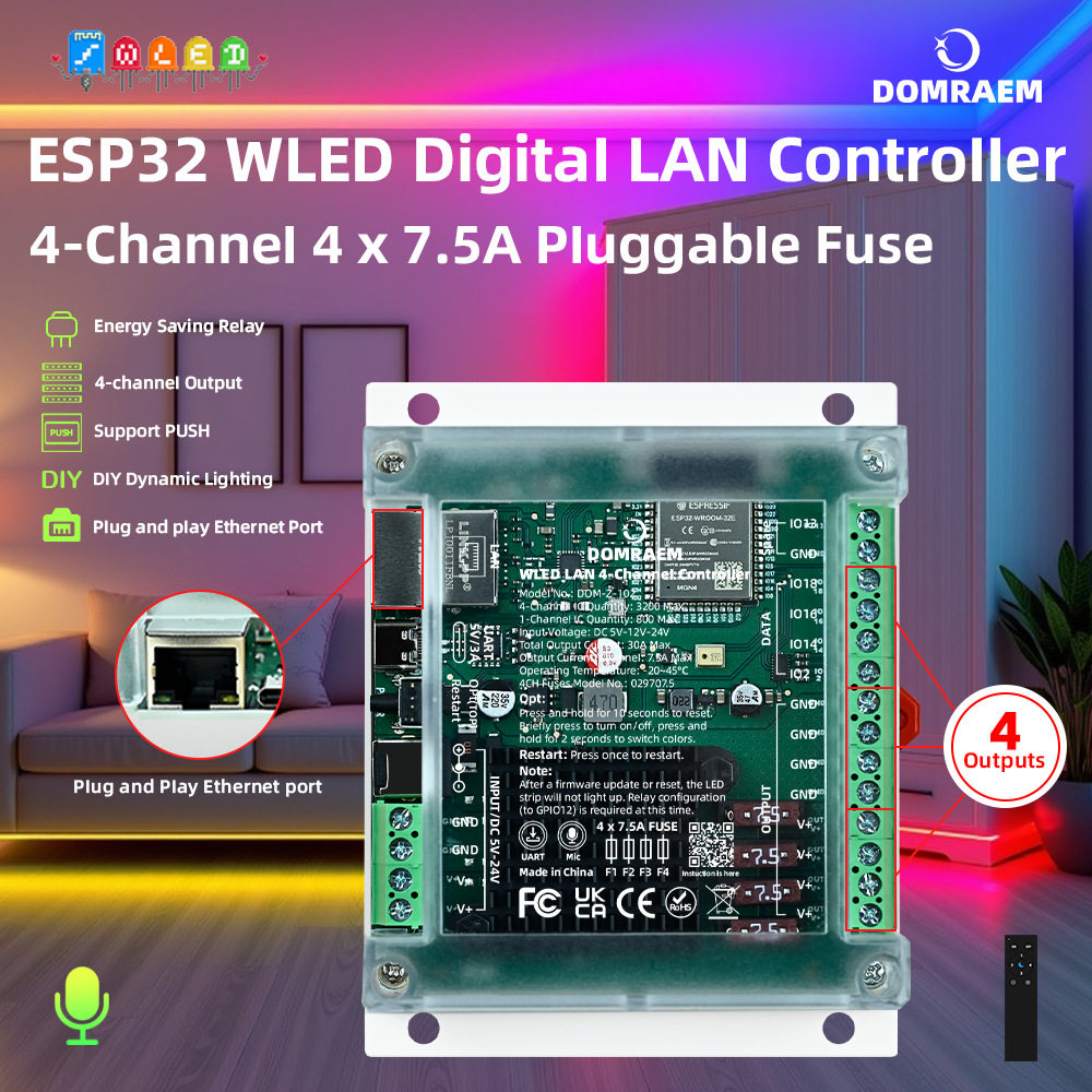 DOMRAEMESP32WLED以太网4路DigitalLED灯带控制器导轨式30A