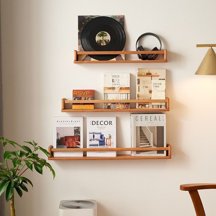 樱桃木墙上置物架实木书架杂志架客厅壁挂式木质绘本收纳储物隔板