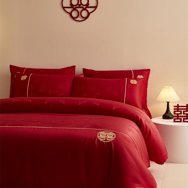 品中式竹子提花婚庆四1548554件套红色被套喜纯棉床单新结婚床上