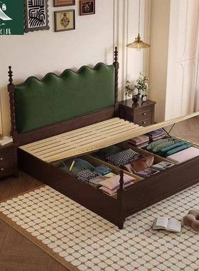 美式复古实木床轻1奢主卧双1.8米5大床小户型人GFC.米中古软包实