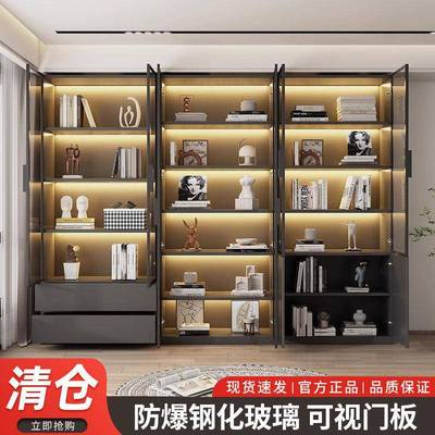 轻奢书柜一靠带玻璃门高档家体5369用厅储物书客架墙书橱展示柜经