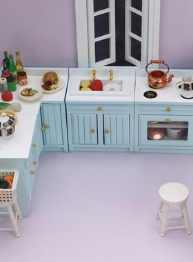 1：12娃娃屋厨房摆件模型DOLLHOUSE仿真转角橱柜蓝色灶台OB11可用