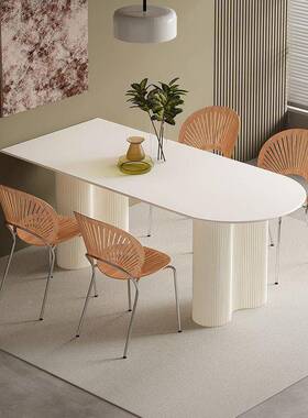 HNT小法椅式奶油风岩板餐桌组合现代简约家用户型半靠墙纯圆白吃