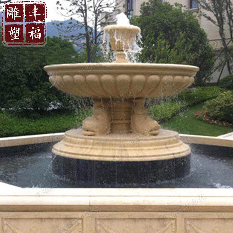 石材喷泉厂家 黄锈石双层流水喷泉 小区水景石雕喷泉跌水钵摆件