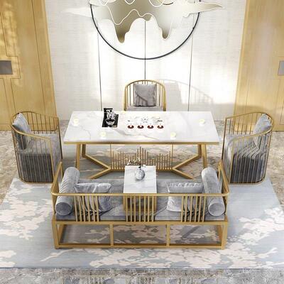 创意客厅大沙发桌椅LHU组合理石铁茶艺几桌椅组合新中茶式台长方