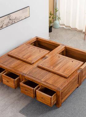 老榆抽木床榻米榫卯结OYQ构头榻无床双人屉离地高箱储物箱体全实