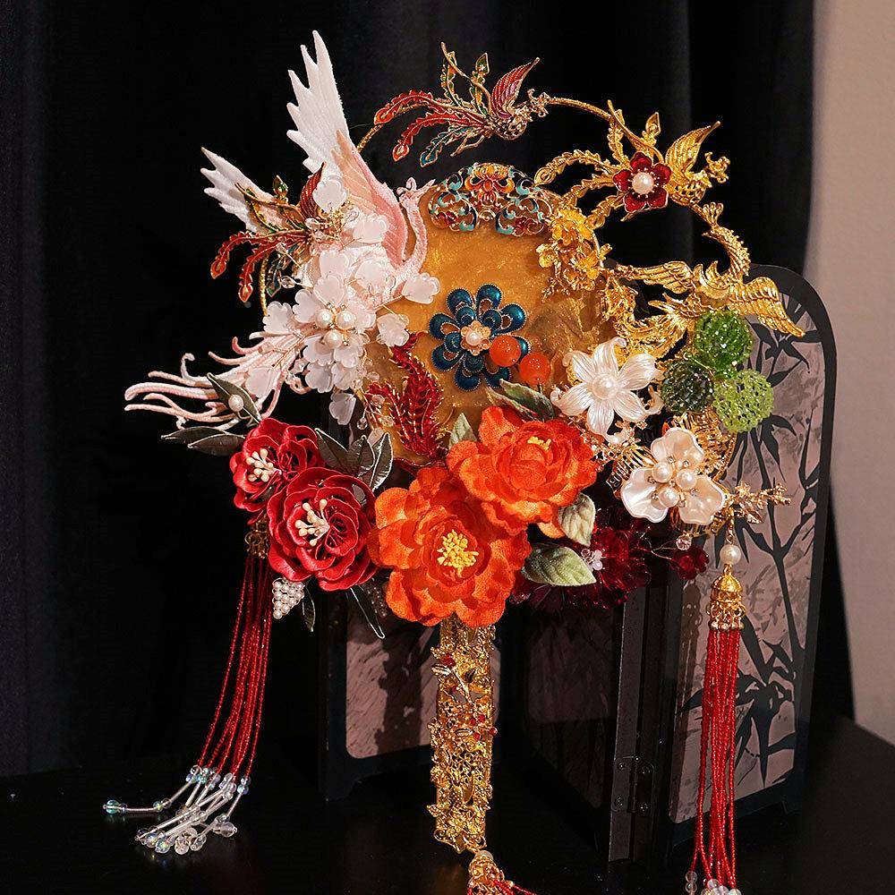 新娘结婚秀服扇新中式非遗团缠花团遮PWE面禾花朵金色成品扇