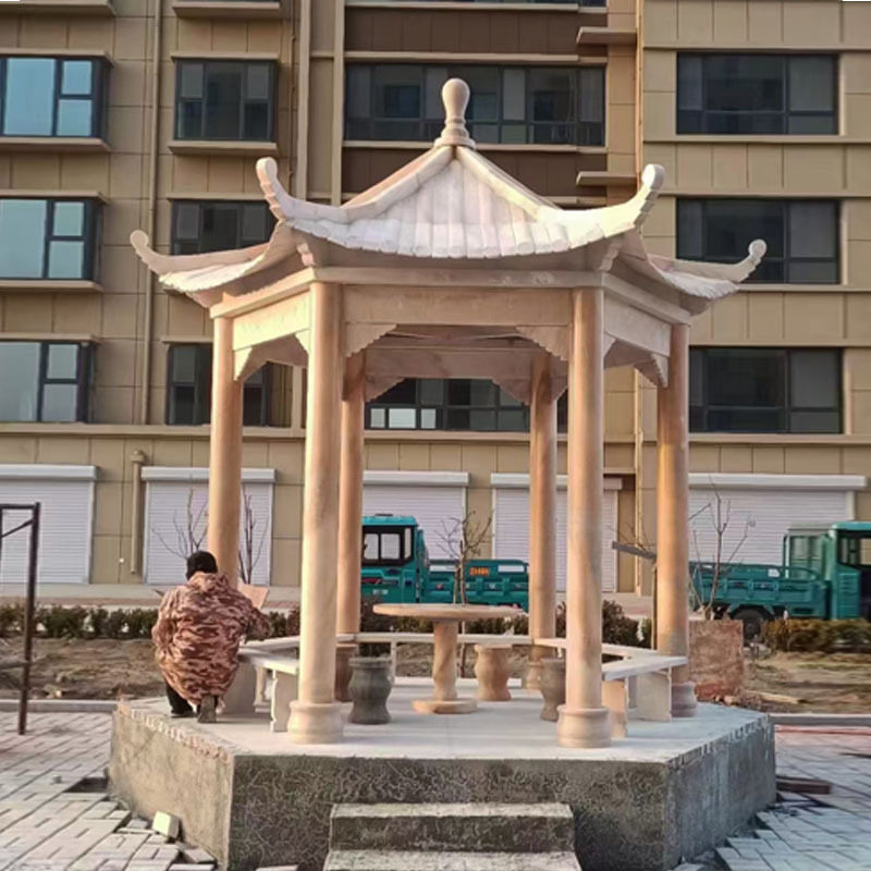 晚霞红花岗岩石六角凉亭雕塑