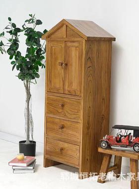 老榆木书DOI柜角柜儿装童房饰创储物柜书架意原木靠墙小立柜