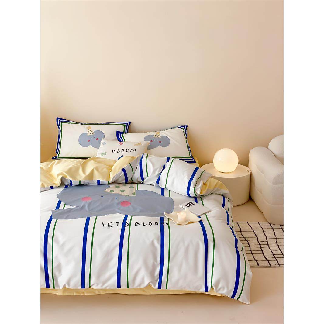 用NER可爱卡通00支数1码印花纯棉三四件套条纹贴布小象1绣.2米床