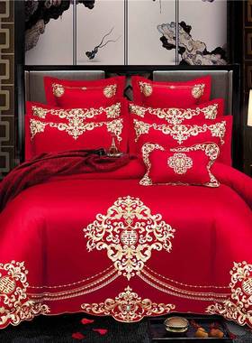 20婚支上庆床红色四件套全棉纯棉结婚大红刺绣六件套TAE婚床1绣花