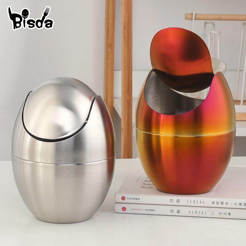 304PGH不锈形钢蛋垃圾收纳桌桶可爱家用面办公桌纳带盖摇摆收盒
