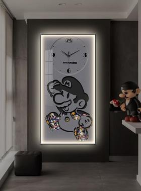 卡通马里奥玄关装饰画钟表挂客厅超玛丽挂68828发画光创意钟时级钟壁灯