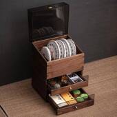 纳胡桃木储中式 多层收纳柜桌面物抽SZI屉式 台面防尘置物架茶柜饼