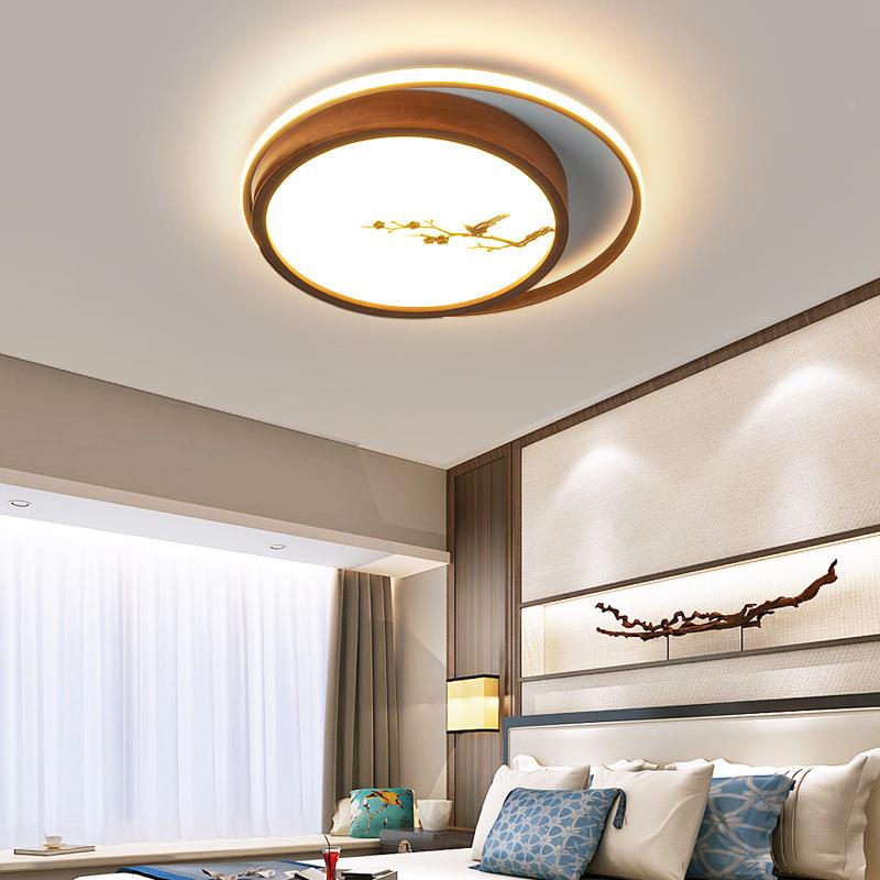 新式实木卧室灯吸顶YXK圆形胡桃中木现代约简led房间客厅书灯房灯