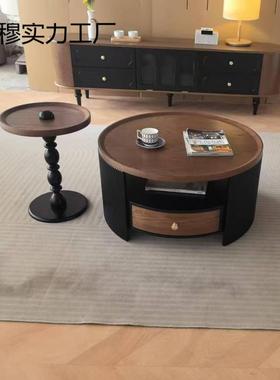 古法式复古美式实木茶几家圆形组合小户VWX型茶桌客厅黑色新用款