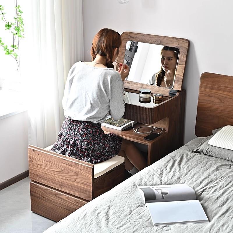实木梳妆小户型胡桃台木翻黑式UOX盖型迷你床头柜现代简约卧室化