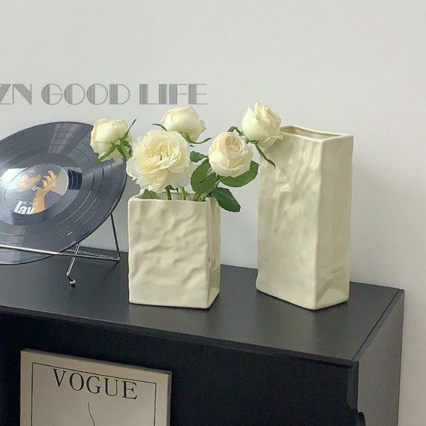 高级感简约奶油褶皱纸袋陶瓷花瓶鲜花水培插花摆件客厅干花装饰品,家居饰品,花瓶,淘宝优惠券,粉丝福利购,淘宝优惠卷