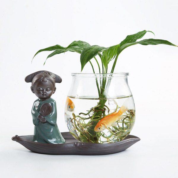 创意绿萝水培植物花瓶玻璃透明容器水养中式花插陶瓷花盆器皿摆件