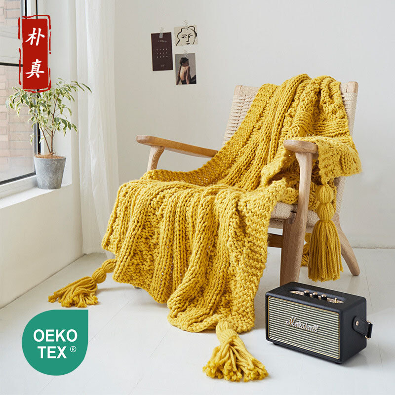 新品手工麻花流苏毯 针织线毯拍照道具 纯色沙发盖毯 冰岛毛