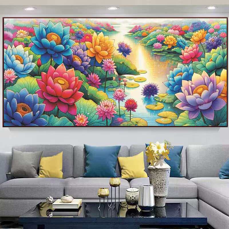 荷塘月色十字绣满绣荷花图风景画客厅2.2米大幅刺绣