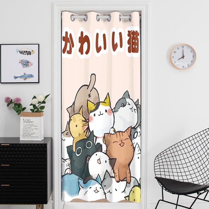 可爱卡通动物猫咪间免QZH卧打孔室客厅门帘厨房试房衣间遮挡帘隔
