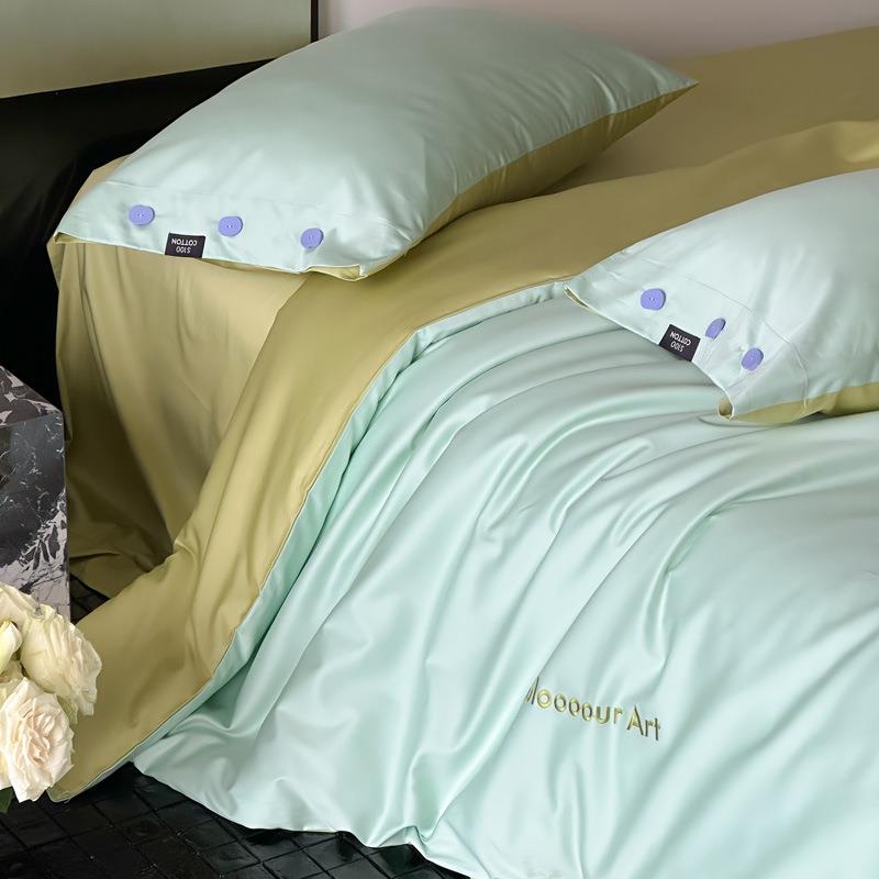 简纯色100S长绒刺绣四件棉套纯全棉床单被套轻棉奢PG2撞色床上约