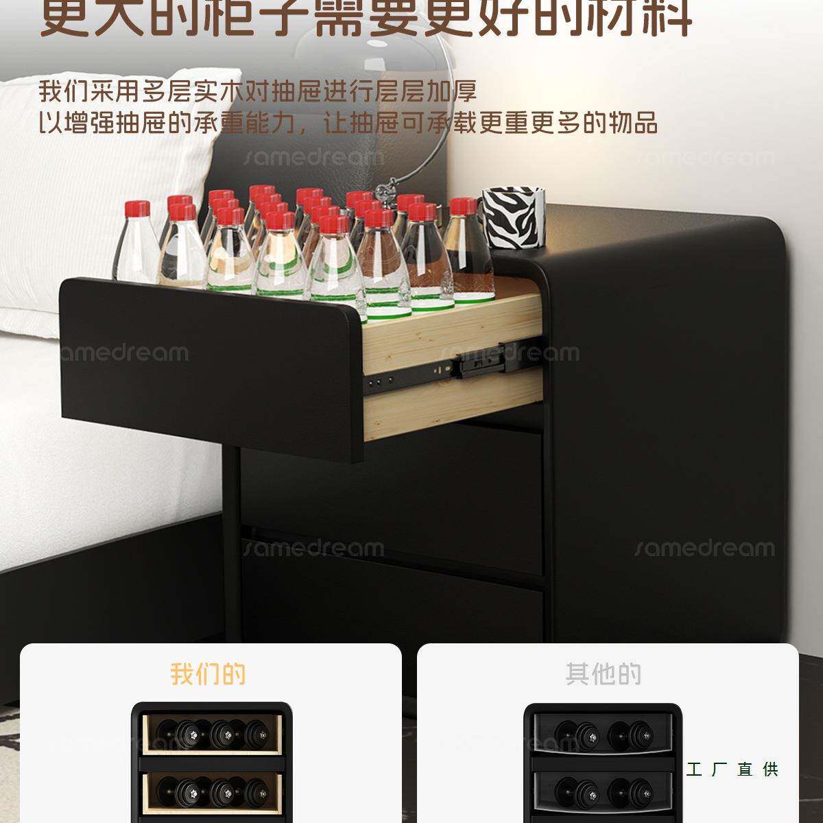 实木头RLG黑色现代约小型轻奢感家床用卧柜室创意床边简收纳柜子