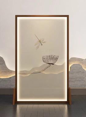 新中式屏风实隔断酒店大厅客移厅玄关卧室可PEJ动带灯木半透明纱