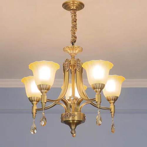 美式水晶客灯厅欧式大气豪别复式楼餐厅卧587室玻华璃灯罩全墅铜