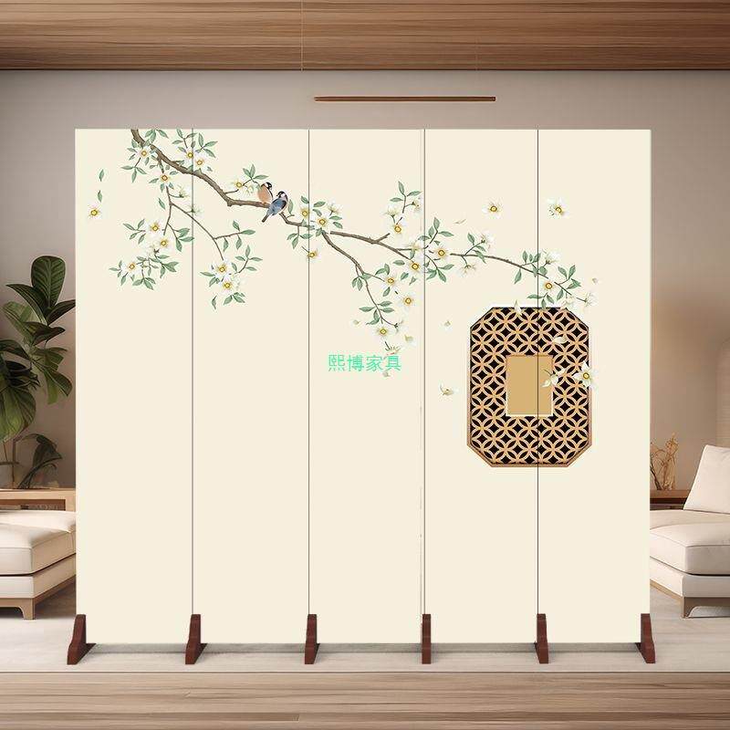 现代中式淡雅意屏风动隔断折叠IVQ移客境厅酒店装饰墨竹水子月圆