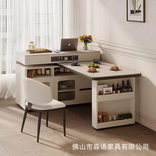 奶油风岩板岛台餐户桌一体用家小型可缩旋转实伸木中84537岛吧台茶桌子