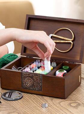 ?实木针线盒家十ILJ字绣便携用缝纫线盒针套线包工具装收纳盒结婚