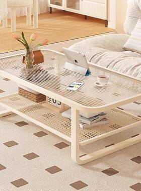 茶几茶客储厅物新款轻奢现代简约小户型桌层钢化双玻璃奶油95208