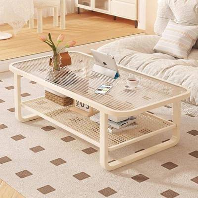 茶几茶客储厅物新款轻奢现代简约小户型桌层钢化双玻璃奶油95208