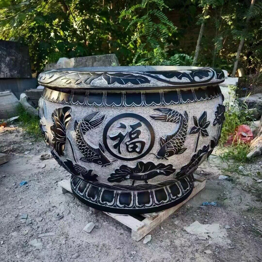 中式仿古青石雕刻水缸别墅庭院荷花浮雕鱼缸户外流水摆件水景圆缸