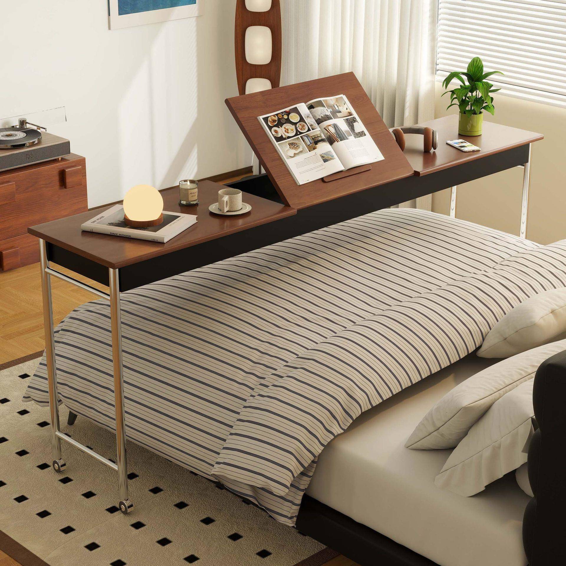 跨床桌中实木床上桌家用可移APN动动岛电书桌古卧室床尾懒灵人脑