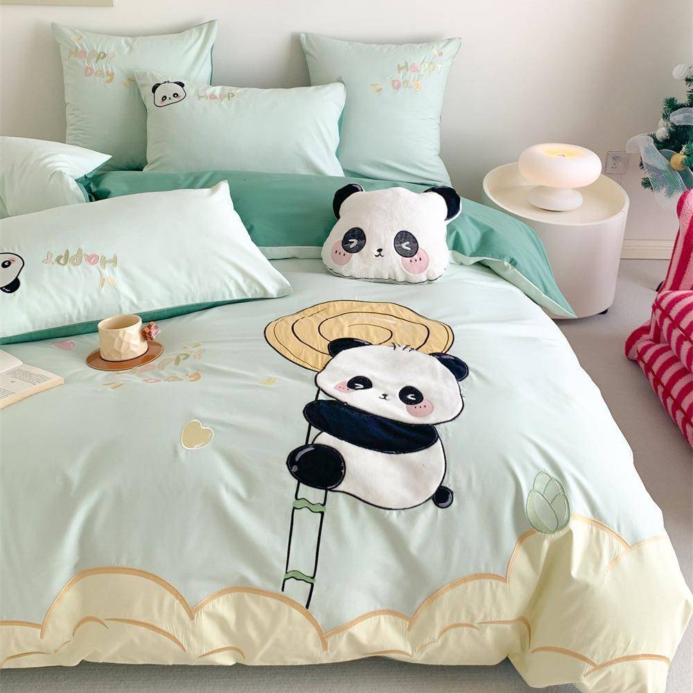 大熊猫刺绣蓝色FX可爱水洗棉纯棉四三件套全棉卡儿通男孩被童套床