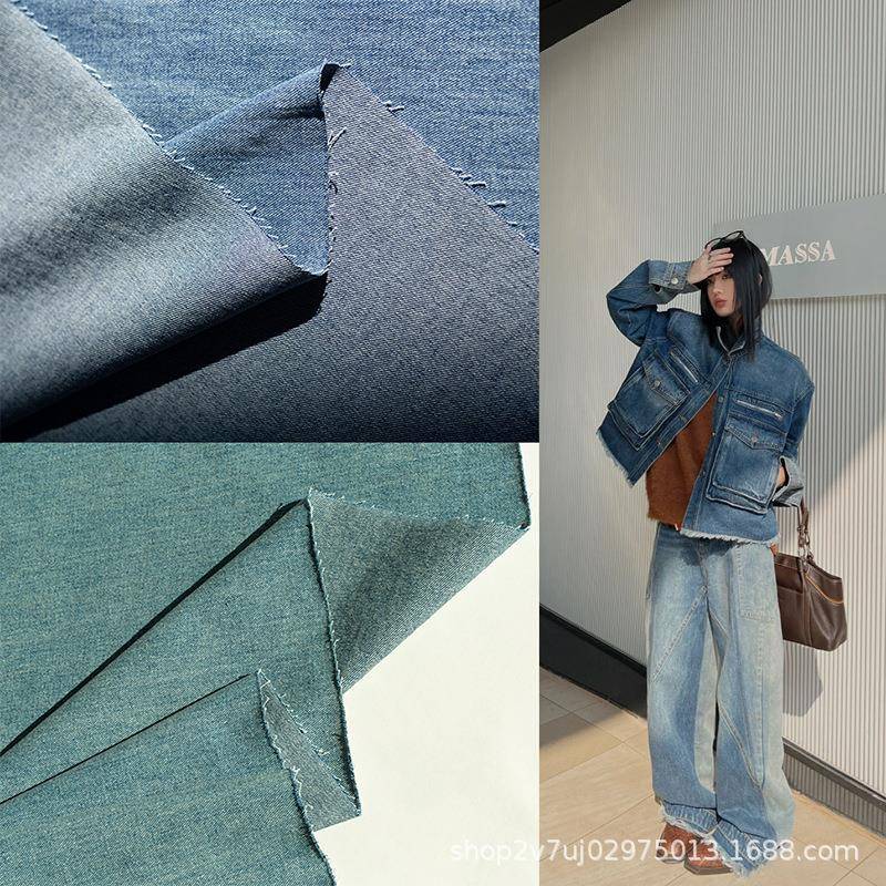 纯棉水洗牛仔布料抗122皱挺阔外厚套子免加全棉牛仔服装设计师面