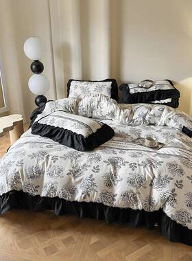 轻奢加洗宽水黑色花边包边HS-5/5棉四件套1.5床单被三件套套宿舍1
