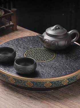 圆形茶盘家用乌金茶台石现代简水约大海型储干泡台排水tfq1817石
