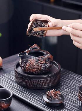 复雕古紫陶祥手抓壶全手工浮功夫泡茶壶一壶二龙茶杯25565茶具杯