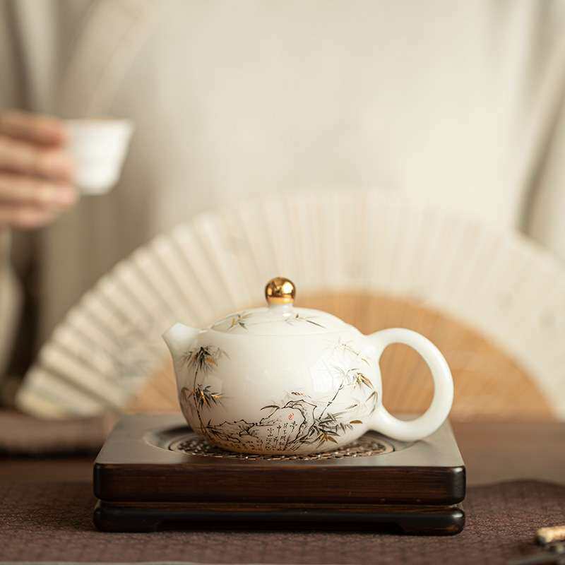 金镶玉冰种羊脂玉瓷茶壶西施壶泡茶壶陶瓷茶具轻奢描金节日送礼