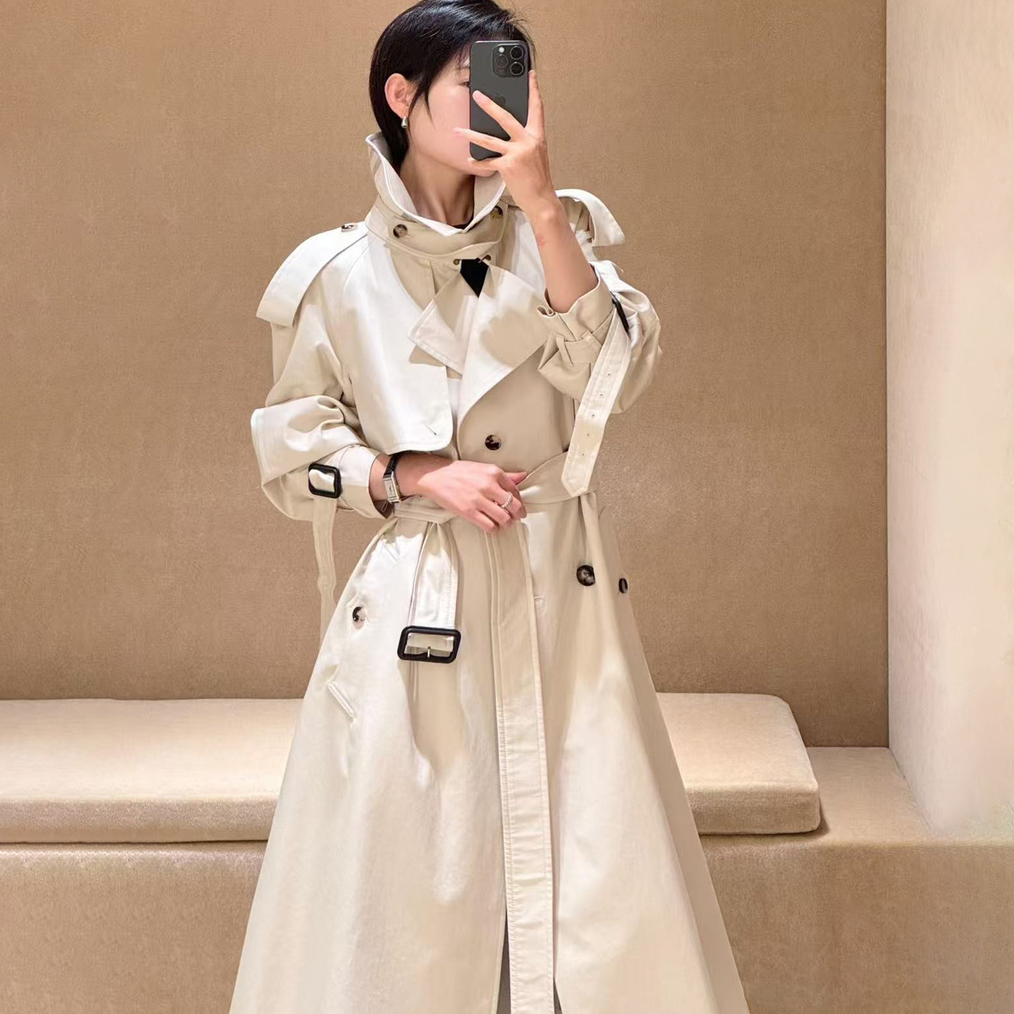 高品质嘎巴甸白色长款风衣外套女2025秋冬季新款中长款大衣